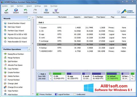 Posnetek zaslona AOMEI Partition Assistant Windows 8.1