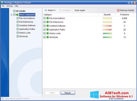 Posnetek zaslona Auslogics Registry Cleaner Windows 8.1