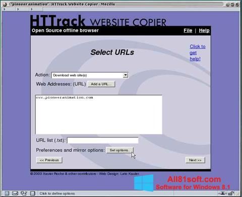 Posnetek zaslona HTTrack Website Copier Windows 8.1