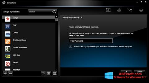 Posnetek zaslona HP SimplePass Windows 8.1