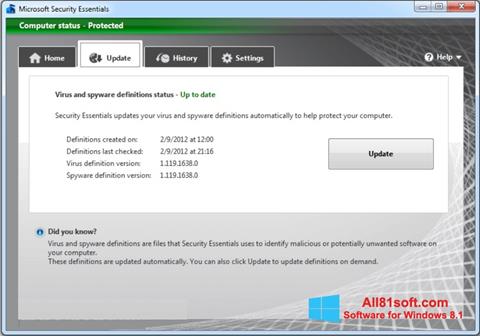 Posnetek zaslona Microsoft Security Essentials Windows 8.1