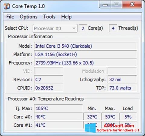 Posnetek zaslona Core Temp Windows 8.1
