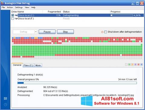 Posnetek zaslona Auslogics Disk Defrag Windows 8.1
